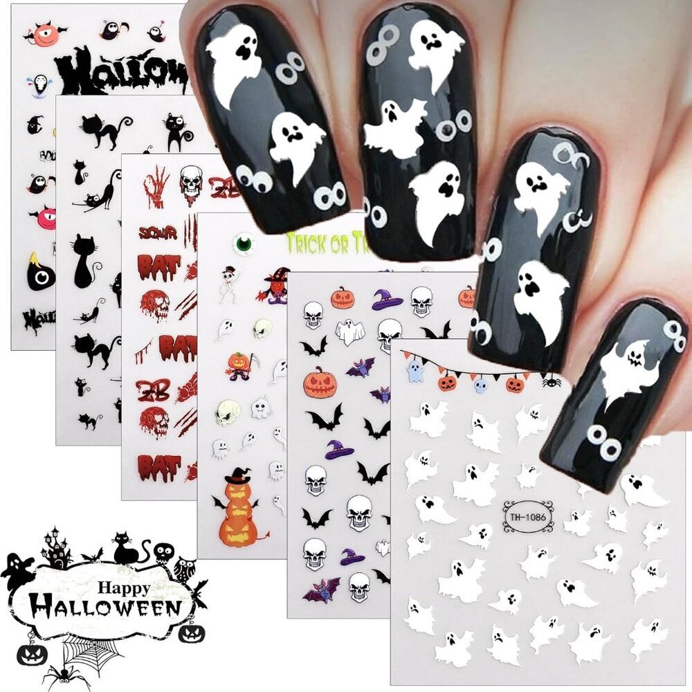 12 Sheets Halloween Nail Art Stickers Decals Glow in The Dark, Cute Spider Web P